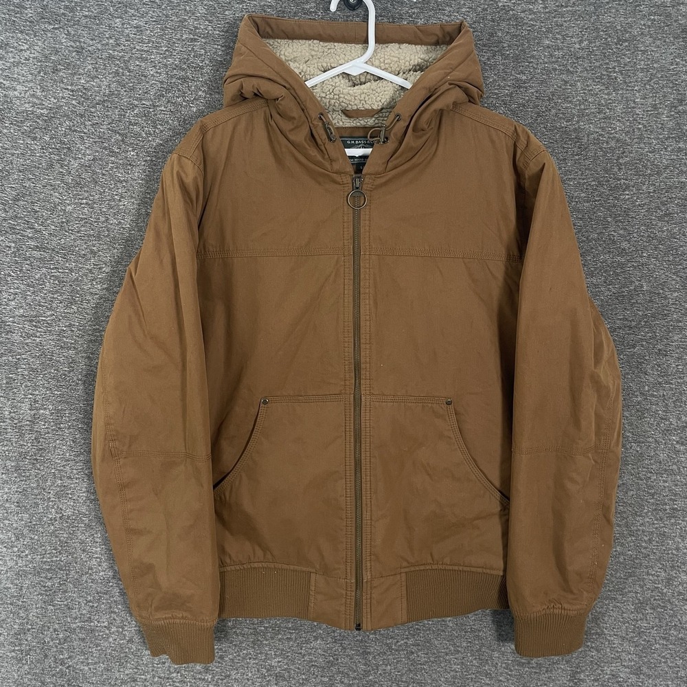 G.H. Bass & Co Jacket Mens Large Brown Hooded Canvas Sherpa Lined Bomber Warm